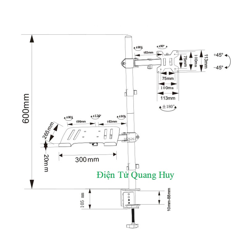 Giá Treo Màn Hình 17-32 Inch Kèm Giá Đỡ Laptop M076/ M077 / Tải Trọng 8Kg - Tay 38 Cm - Lắp Đặt Kẹp Bàn