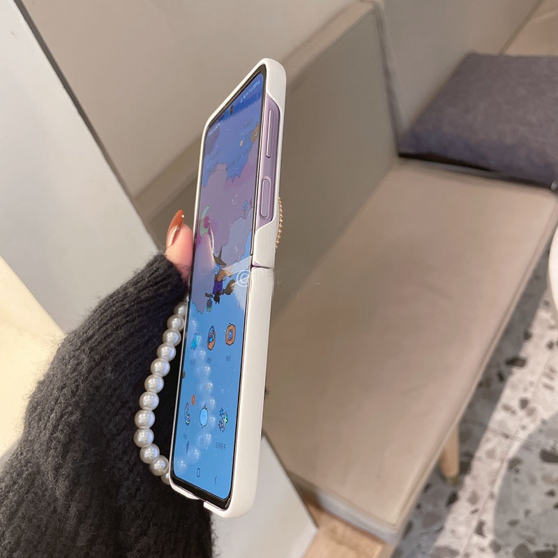 Bao Da Điện Thoại Dạng Ví Nắp Lật Đính Ngọc Trai Kèm Dây Đeo Tay Hình Gấu diy Cho samsung galaxy z flip 4g 4 3 flip3 flip4 5g Ốp