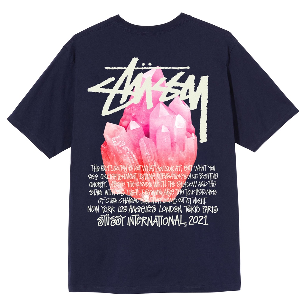 Áo thun tay ngắn dáng rộng in chữ Stussy đính đá phản quang thời trang cho cặp đôi