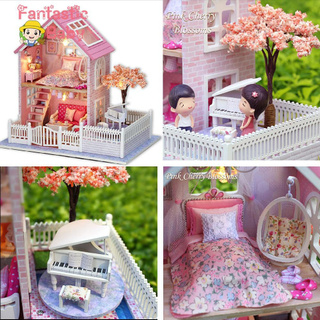 Mô hình nhà Villa đồ chơi 3D DIY màu hồng có đèn đàn piano cây hoa đào