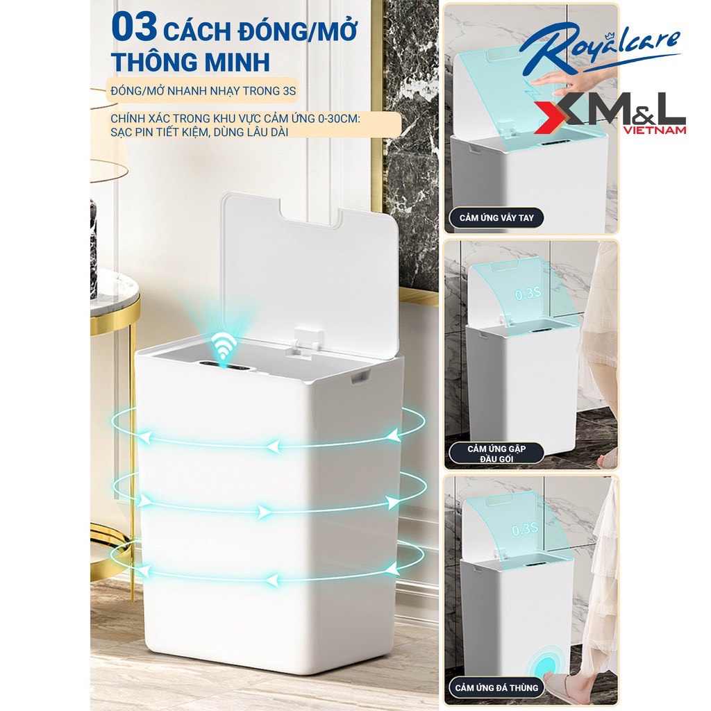 Thùng rác cảm ứng 3 chế độ thông minh M&amp;L-FH-2 phong cách Hàn Quốc - 15 lít - Màu Đen