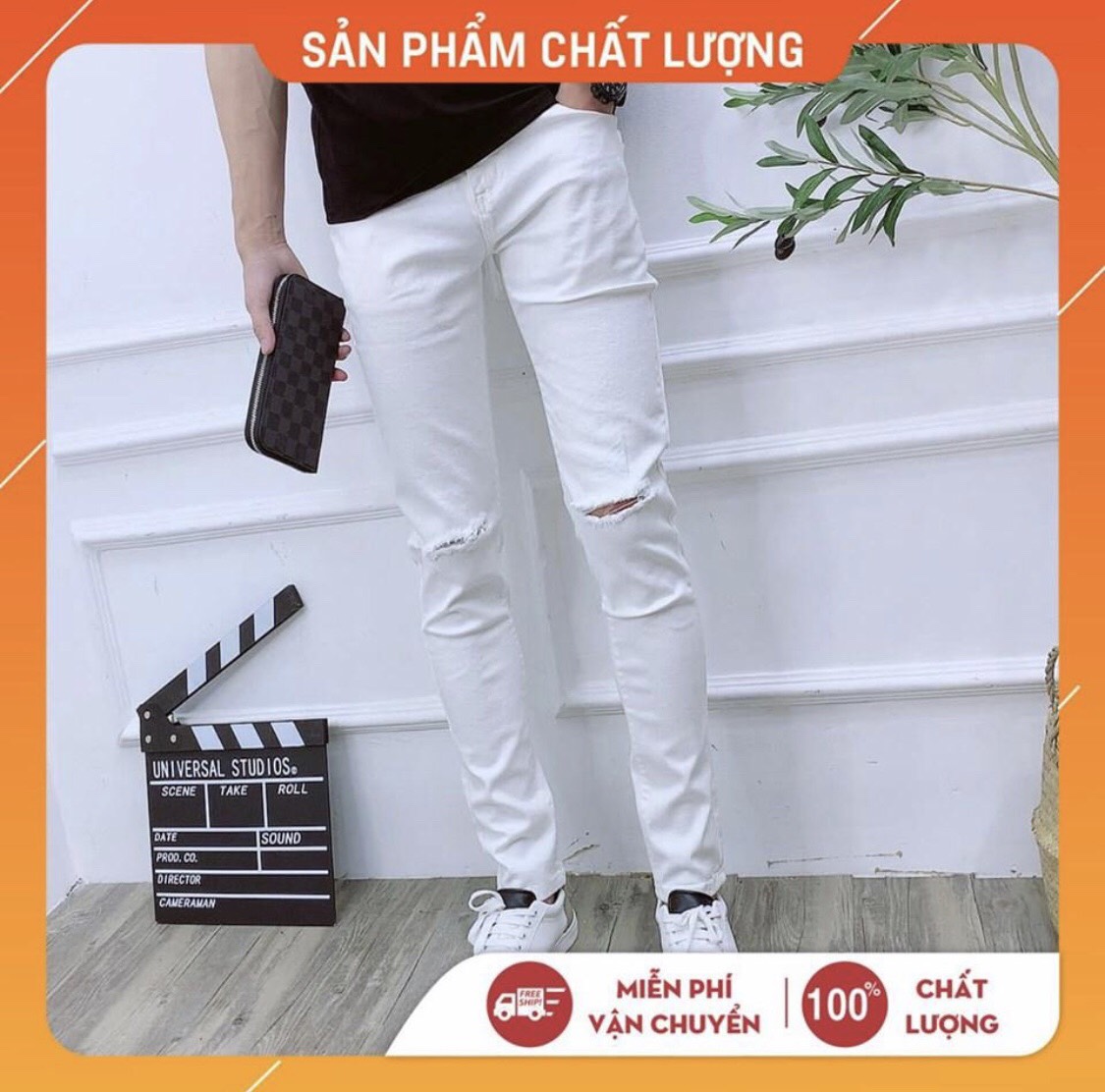 Quần jean nam trắng trơn rách gối chất thời trang cao cấp hàng chuẩn shop