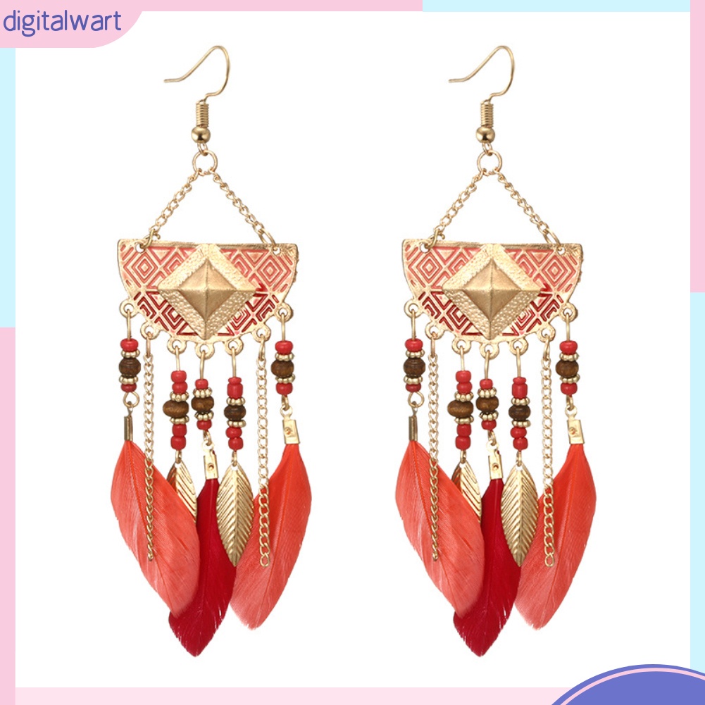 Bông Tai Hình Quạt Phối Lông Vũ Thời Trang Bohemian Dành Cho Nữ