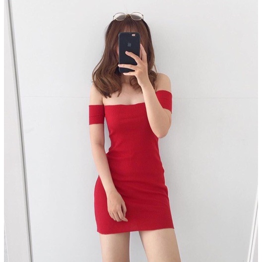 Đầm body trễ vai tay ngắn thun gân kèm hình thật, váy ôm body trễ vai thun gân nữ tay ngắn MIDORI247
