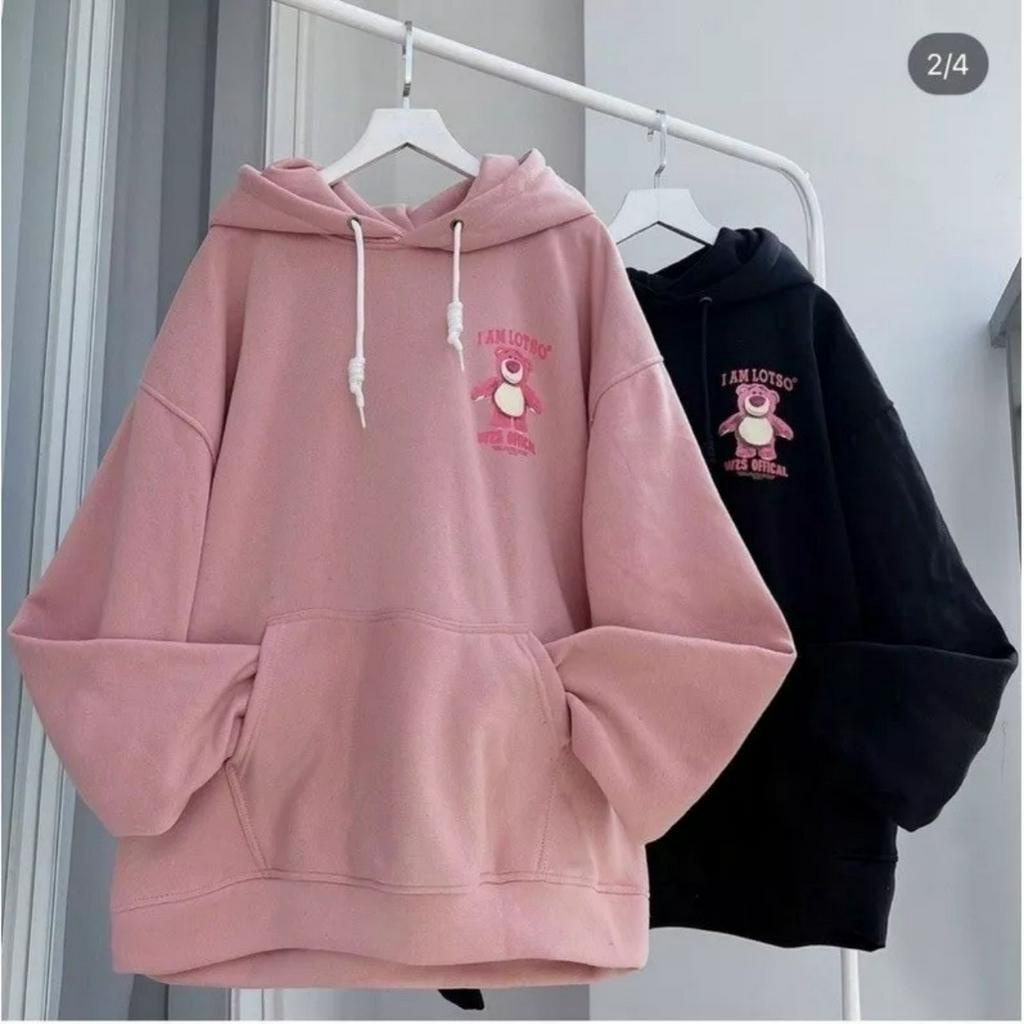 Áo Khoác Hodie Nỉ Unisex Nam Nữ In Hình Gấu Dâu Form Rộng Dưới 55kg