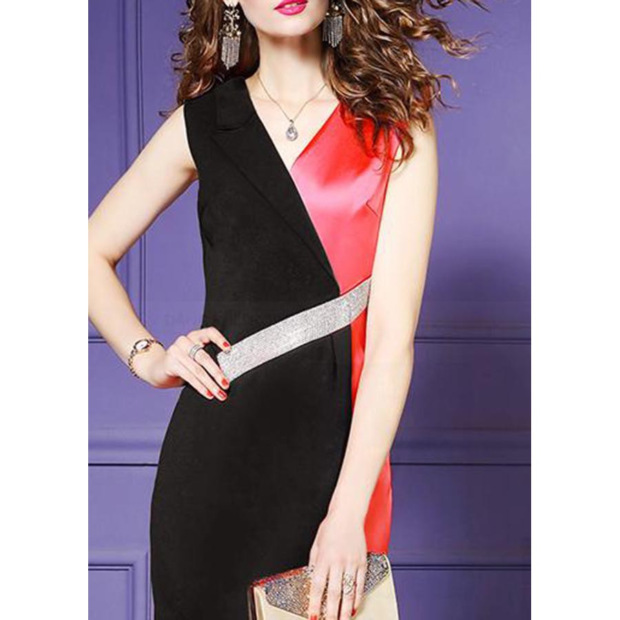 GOTI - Hình Thật - Đầm Ôm Dự Tiệc Trung Niên Kiểu Xẻ Tà Đắp Chéo Phối Màu Đính Cườm 3070