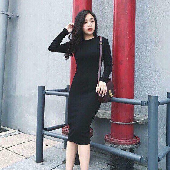 Váy body nữ basic dài tay cổ tròn xẻ sau chất len tăm cao cấp Shynstores