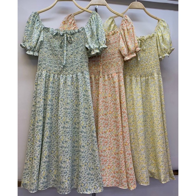 Váy hoa nhí cổ vuông, váy hoa nhí vintage dáng dài chun ngực JUNIDO