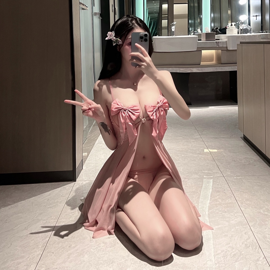 Váy ngủ đính nơ ngực cài trước siêu gợi cảm B014