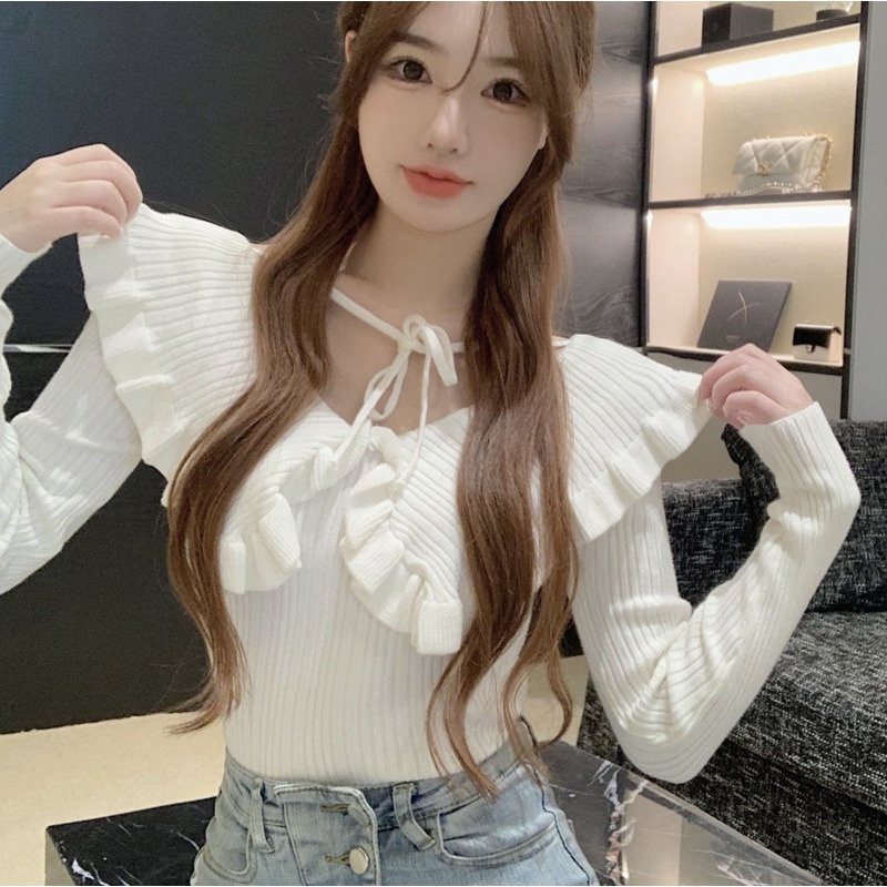 Áo dệt kim tay dài viền lá sen trễ vai thời trang thu đông cho nữ