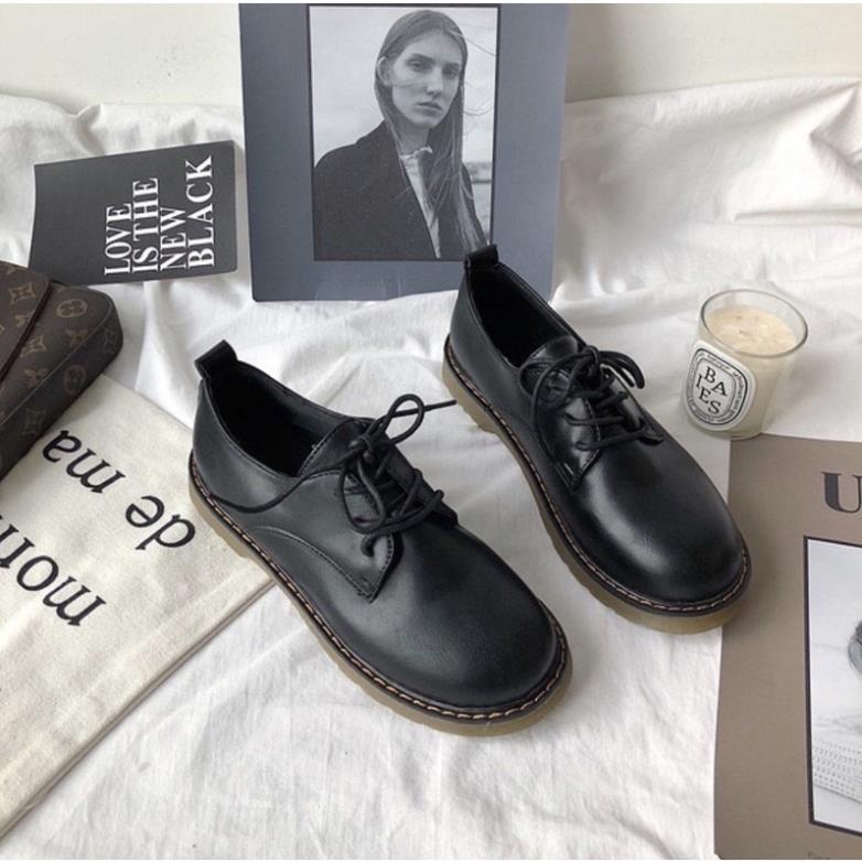 QN Giày oxford da PU buộc dây đế mềm cao su vintage Yannie lolita