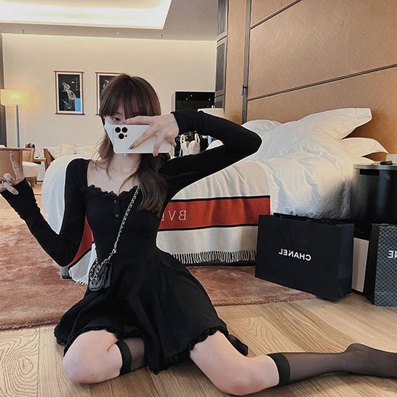 COZOKC Đầm Ren Tay Phồng Dài Cá Tính Quyến Rũ Cho Nữ