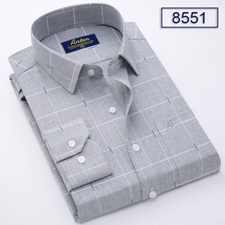 Áo Sơ Mi Nam Công Sở Trung Niên Anton Somianton Màu Xám Dài Tay Vải Sợi Tre Họa Tiết Sọc Kẻ In Chìm – 8551