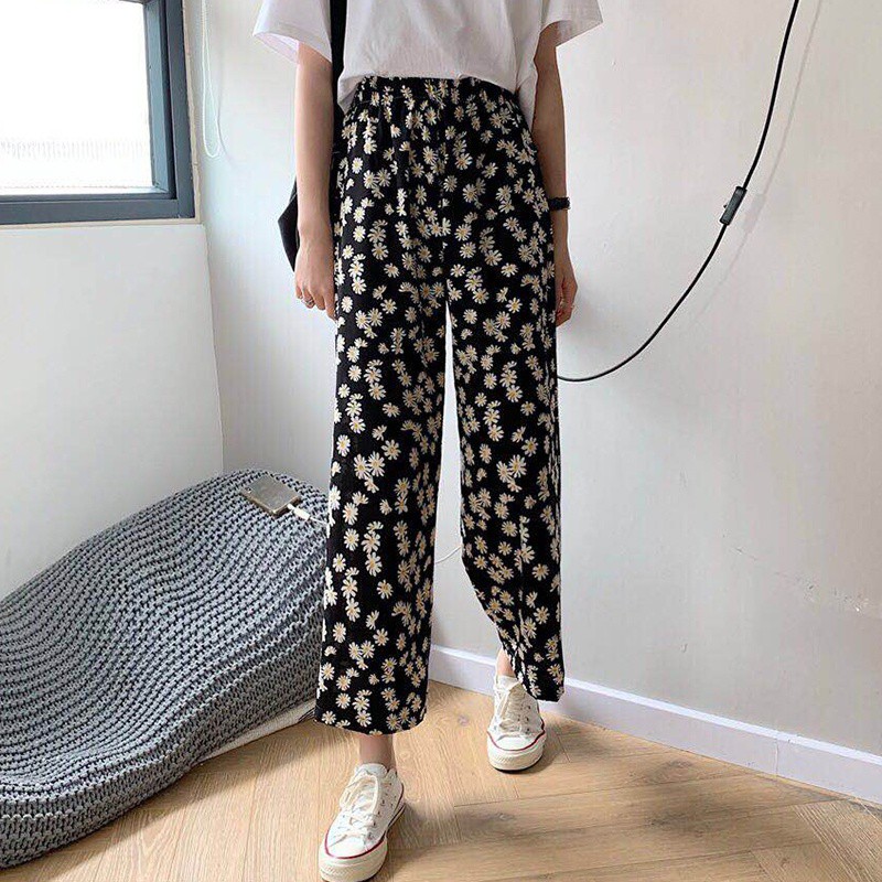 Quần Dài Lưng Cao Hoạ Tiết Hoa Thiết Kế Dáng Rộng Thoải Mái