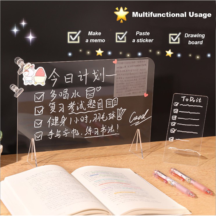 Bảng Viết Ghi Chú Bằng Acrylic Trong Suốt Tay Cầm Ngắn Gắn Đèn LED Dễ Thương