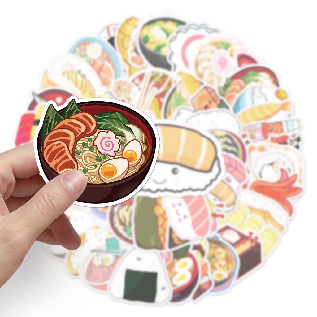 Combo 30 Sticker Chống Nước Decal Dán Điện Thoại Laptop Mũ Bảo Hiểm Vali Guitar Bình Nước Sổ Tay [SUSHI WASABI FOOD]