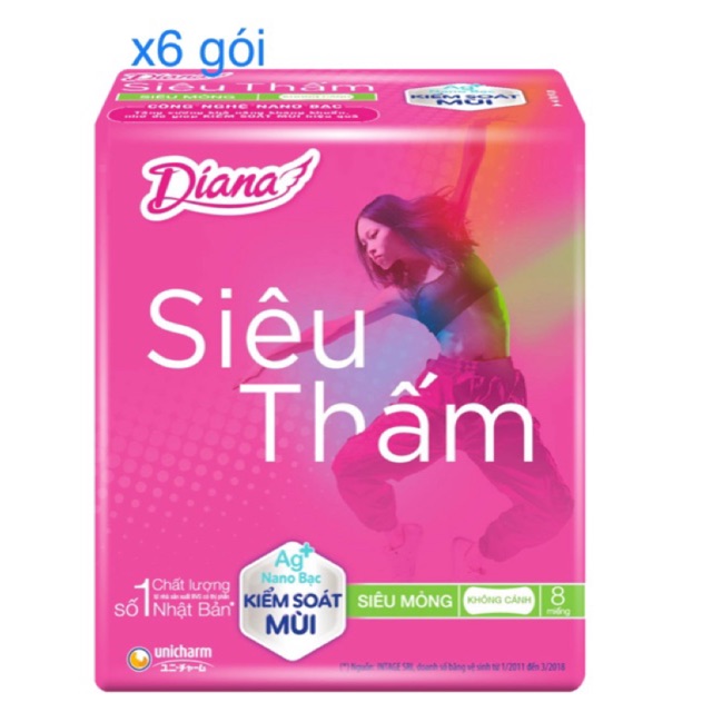 Bộ 6 gói băng vệ sinh Diana siêu thấm Siêu mỏng không cánh 23 cm 8 miếng / gói