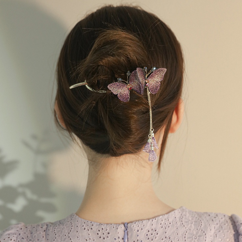 Kẹp Tóc Tua Rua Thêu Hình Bướm Phong Cách Trung Hoa Đơn Giản
