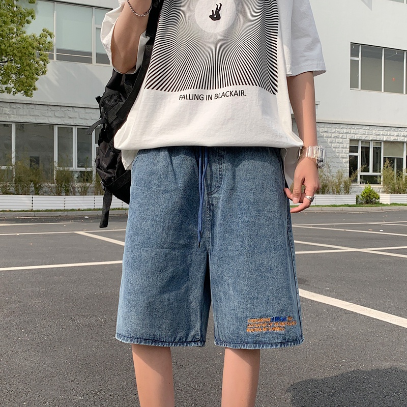 Quần short nam vải denim ống rộng thêu họa tiết thời trang phong cách retro