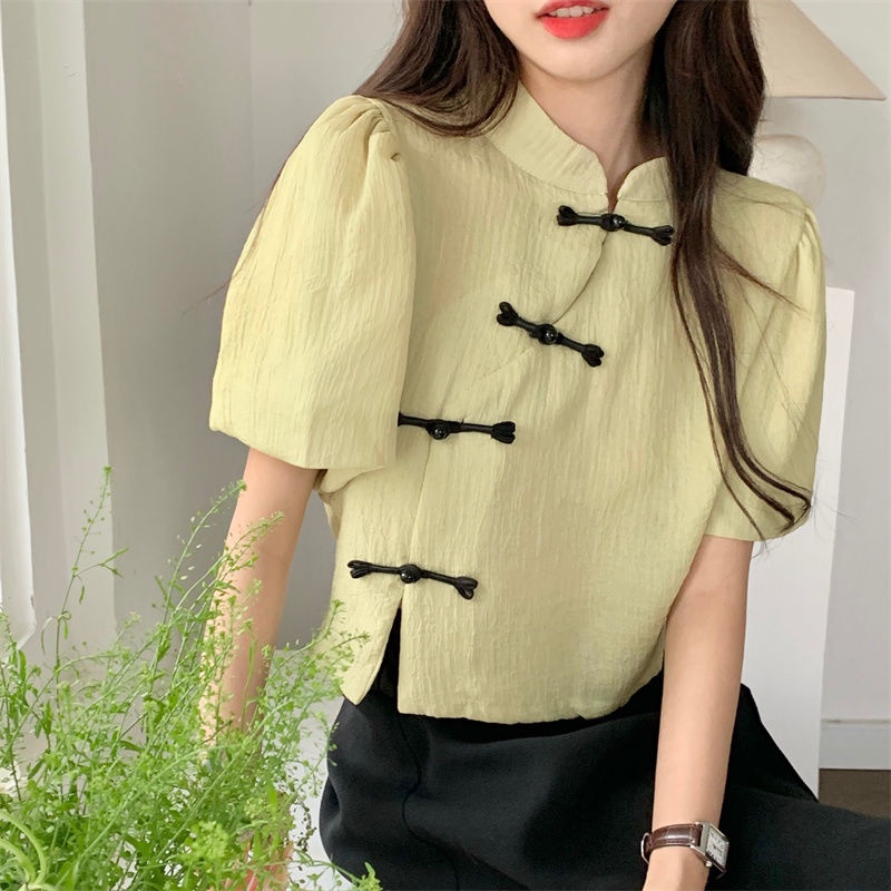 Giới Hạn Thời Gian Khuyến Mãi Áo Sơ Mi Ngắn Tay Phồng Đính Đĩa Tròn Phong Cách Trung Hoa Nhẹ Nhàng Cá Tính Thời Trang Mùa Hè Cho Nữ