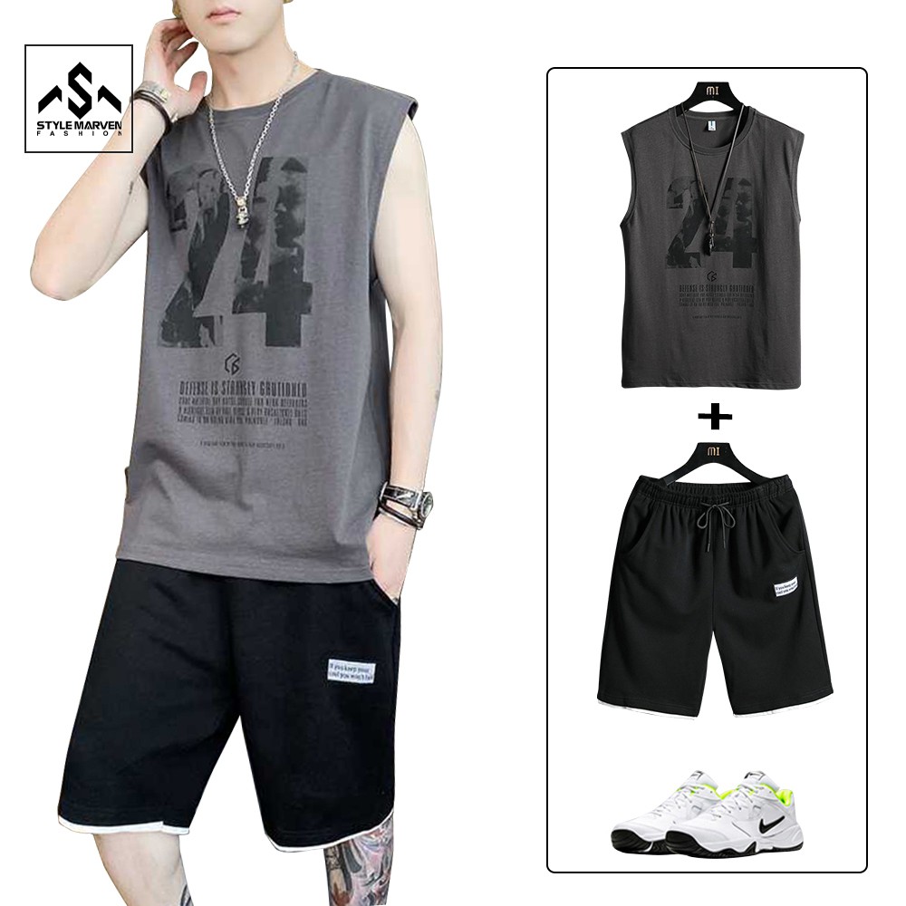 Bộ thun nam sát nách 24 STYLE MARVEN áo phông ba lỗ kết hợp quần shorts túi trơn thể thao - SET NAM 90000160