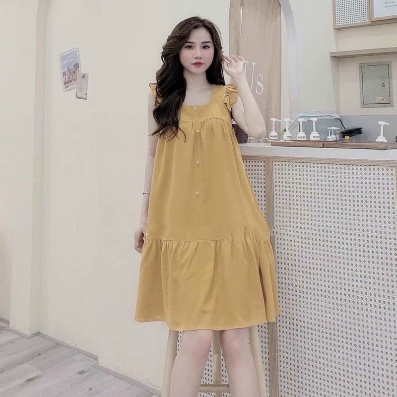 ĐẦM VÁY BẦU DÂY CÁNH TIÊN ĐÍNH NÚT NGỌC FORM SUÔNG ĐUÔI CÁ