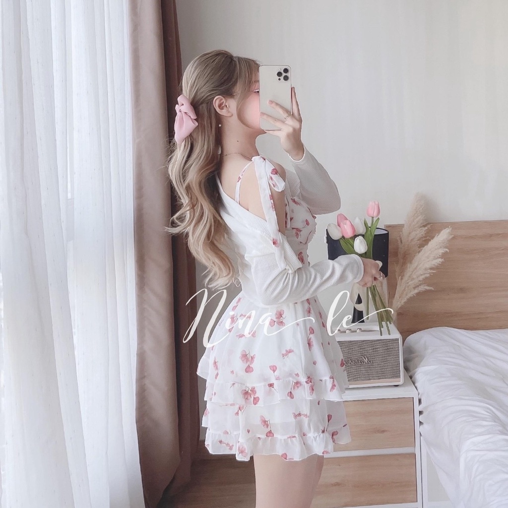 Set Váy Áo Hai Dây Nữ Hoa Nhí Nhún Ngực | Đầm Nàng Thơ Hoa Voan Xếp Ly Cột Nơ Vai Mix Áo Khoác Cardigan