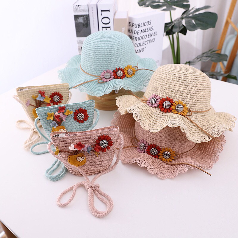 Set mũ cói vè túi hoa cúc xinh xắn cho bé(3-6 tuổi)