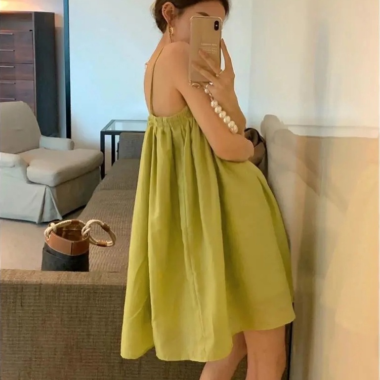 [MURIOKI] Đầm Hai Dây Phồng Màu Xanh Lá Phong Cách Pháp Thời Trang Cho Nữ
