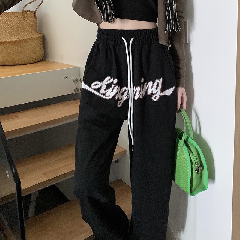 Quần Thể Thao Lưng Cao Ống Rộng In Họa Tiết Thời Trang