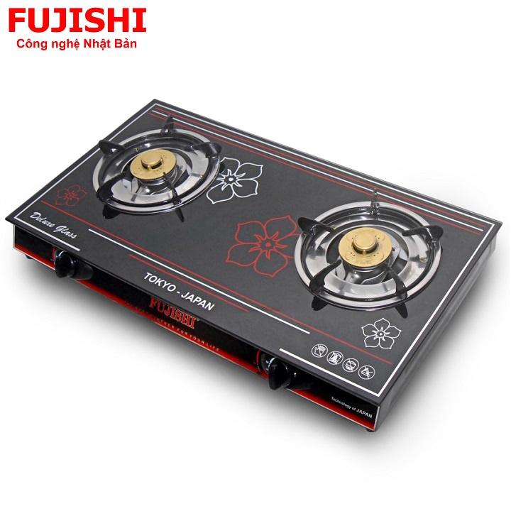 Bếp gas đôi mặt kính cường lực Fujishi FJ-2016N - Chén nhôm lửa xanh tiết kiệm gas, BH Chính hãng 01 Năm