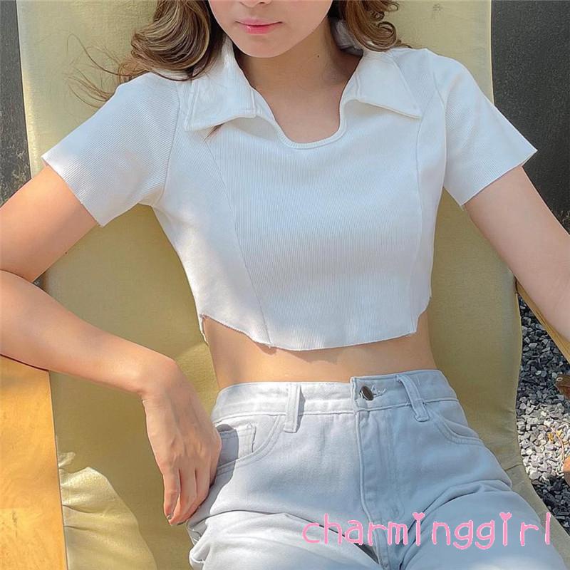 Áo Croptop Tay Ngắn Cổ Bẻ Màu Trơn Thời Trang Cho Nữ