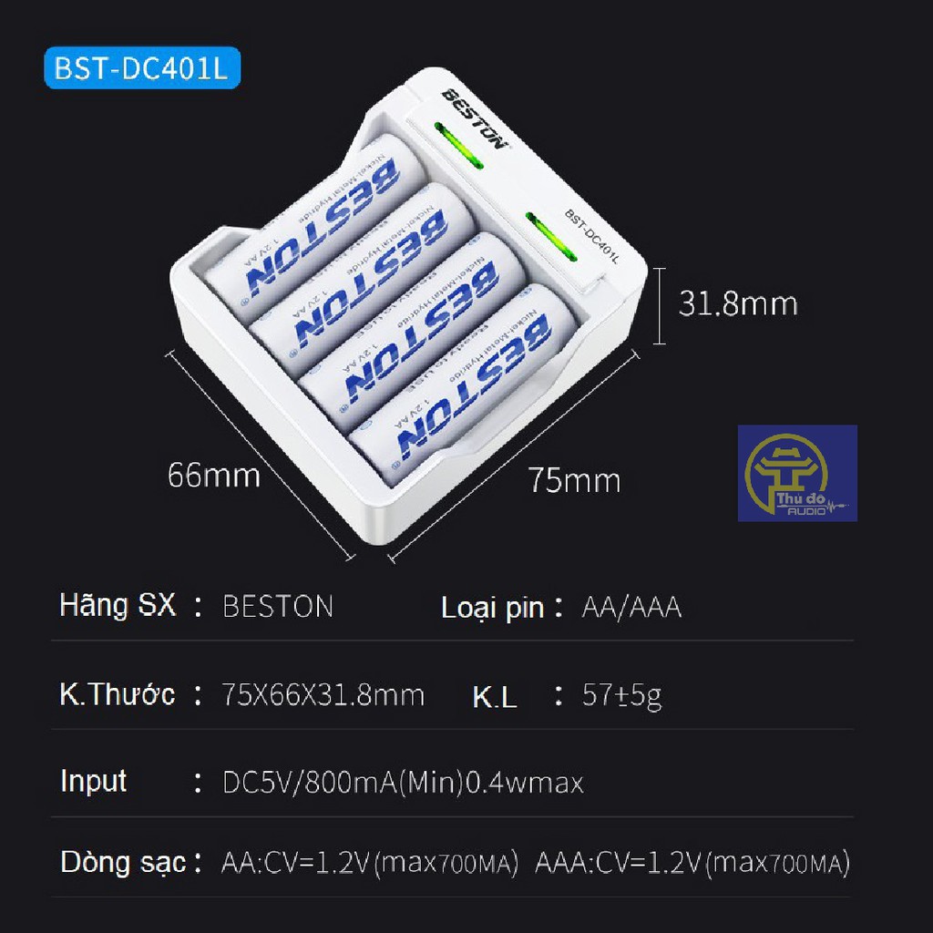 Bộ sạc pin AA/AAA Beston DC401L tự ngắt hàng chính hãng - Có bán kèm pin Beston AA 1200mAh, 3000mAh, 3300mAh