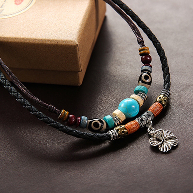 Vòng cổ hai lớp bằng da mặt đồng xu hợp kim phối hạt màu ngọc lam phong cách dân tộc đơn giản cổ điển cho nam và nữ