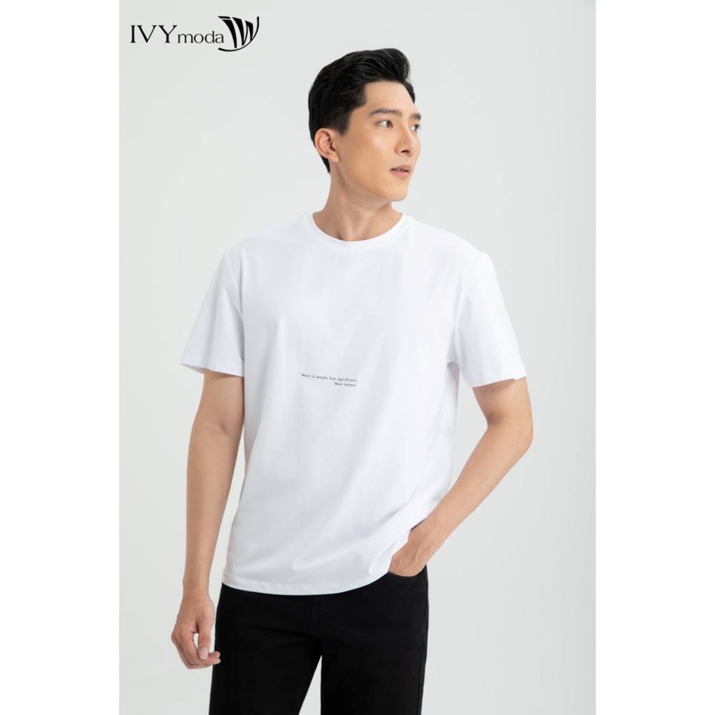 Áo thun nam cổ tròn in chữ màu Trắng IVY moda MS 57E2969