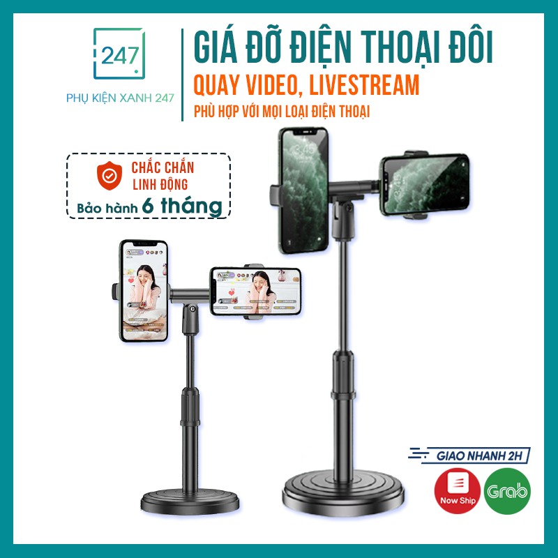 Giá đỡ 2 điện thoại livestream MỚI NHẤT, giá đỡ kẹp điện thoại đôi DK098 CAO CẤP để bàn, gấp gọn siêu tiện dụng