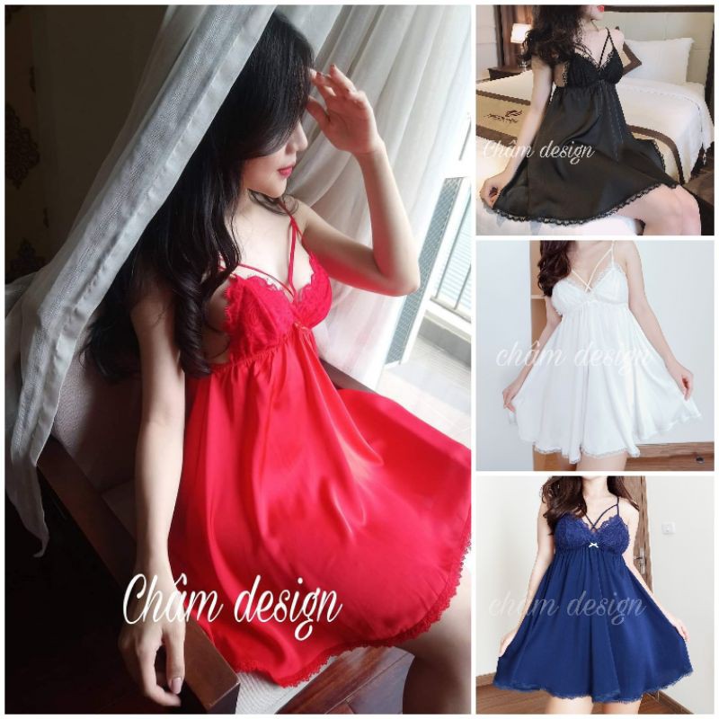 váy ngủ lụa satin 2 dây chéo ngực các màu, hàng thiết kế độc quyền