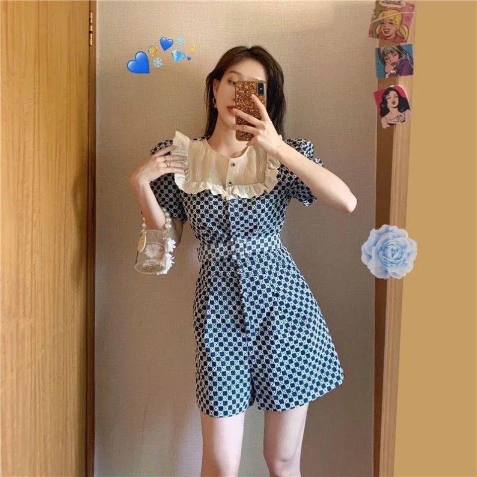 Jumpsuit Ngắn Họa Tiết Sọc Caro Phong Cách Retro Pháp Thời Trang Mùa Hè Cho Nữ