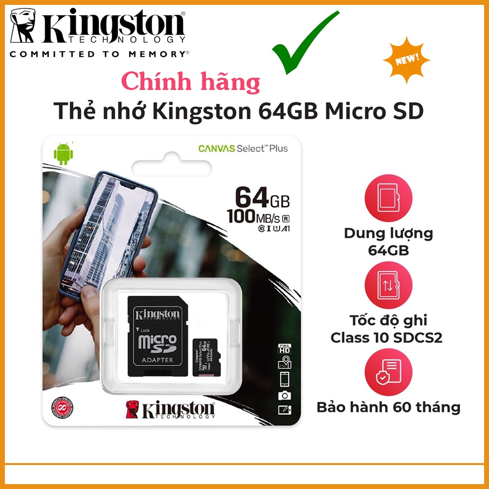 Thẻ Nhớ 64Gb Kingston, Kingston 32Gb, Kingston 128b, Kínht 256Gb Class 10 tốc độ 100Mb/s Thẻ Nhớ Camera- Hàng Chính Hãng