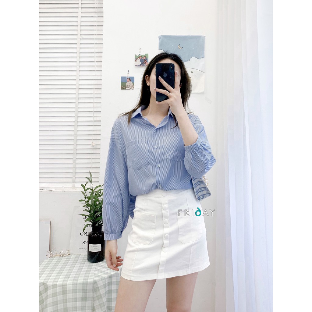 Áo sơ mi thiết kế Oversize hai túi kẻ sọc Xanh Friday | BigBuy360 - bigbuy360.vn