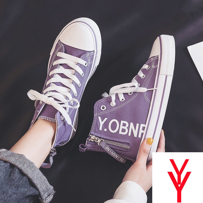Giày Thể Thao Vải Canvas Cổ Cao Có Dây Kéo Bên Phong Cách Thể Thao Mới 2021 Cho Nữ Sinh