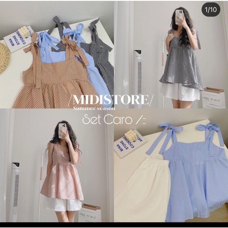 [SIÊU PHẨM] Set style Hàn Quốc S.047, Set Áo Babydoll Hai Dây Thắt Nơ Kẻ Và Quần Short