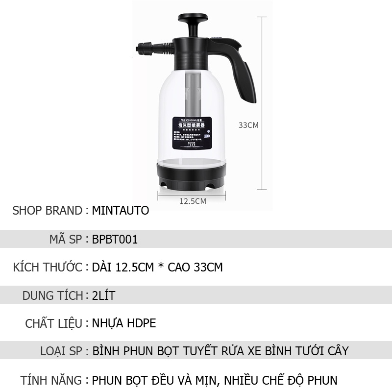 Bình Xịt Bọt Tuyết Rửa Xe Ô Tô, Xe Máy Bình Phun Tưới Cây Cầm Tay Dung Tích 2 Lít