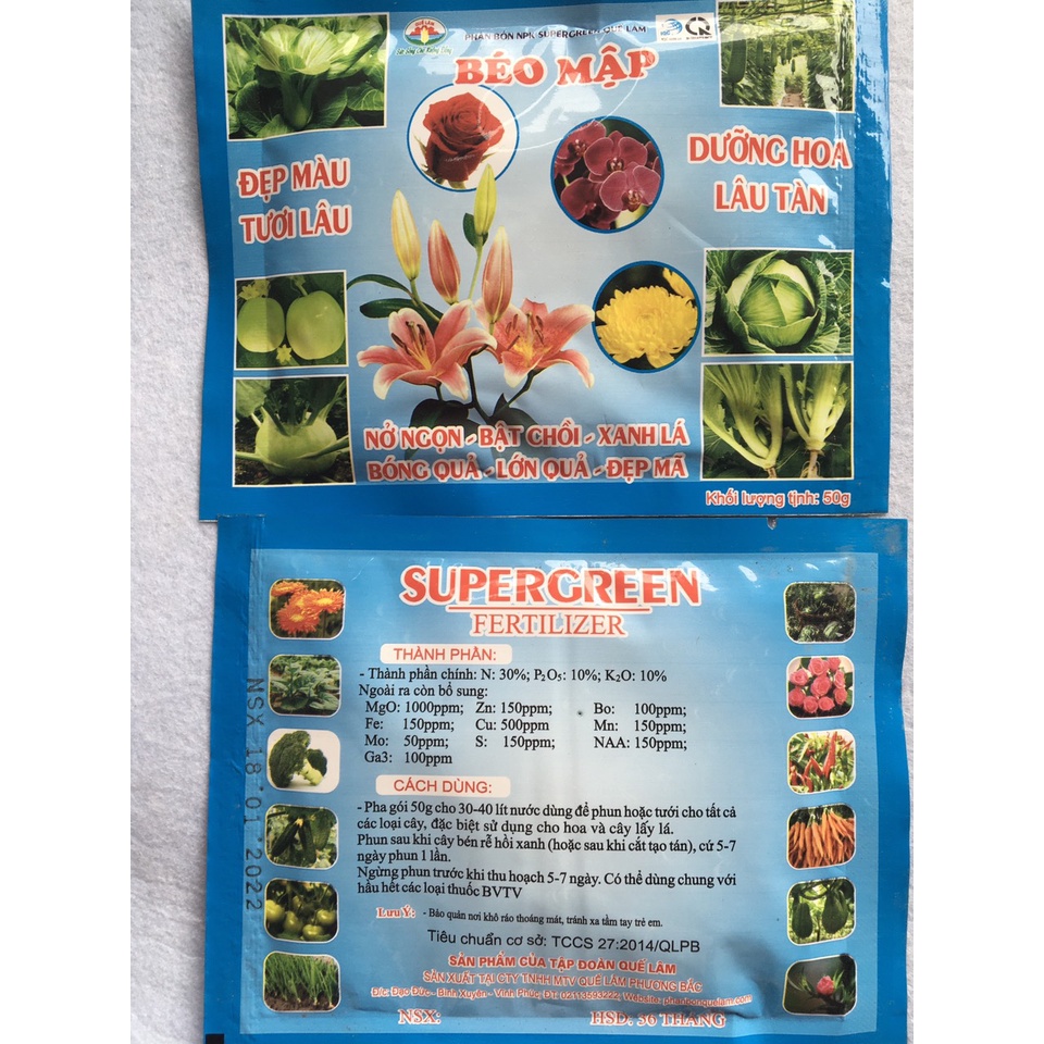 PHÂN BÓN NPK SUPERGREEN QUẾ LÂM BÉO MẬP ĐẸP MÀU TƯƠI LÂU DƯỠNG HOA LÂU TÀN NỞ NGỌN BẬT CHỒI , XANH LÁ - BÓNG QỦA LỚN QỦA