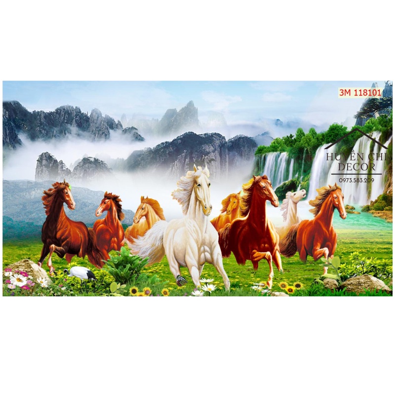 Tranh dán tường 3d Mã Đáo Thành Công- Bát mã - Huyền Chi - vải lụa cao cấp tặng kèm keo dán