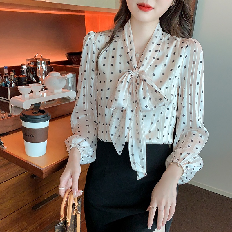 Áo Sơ Mi Chiffon Tay Dài Họa Tiết Chấm Bi Phong Cách Hàn Quốc Thời Trang Cho Nữ