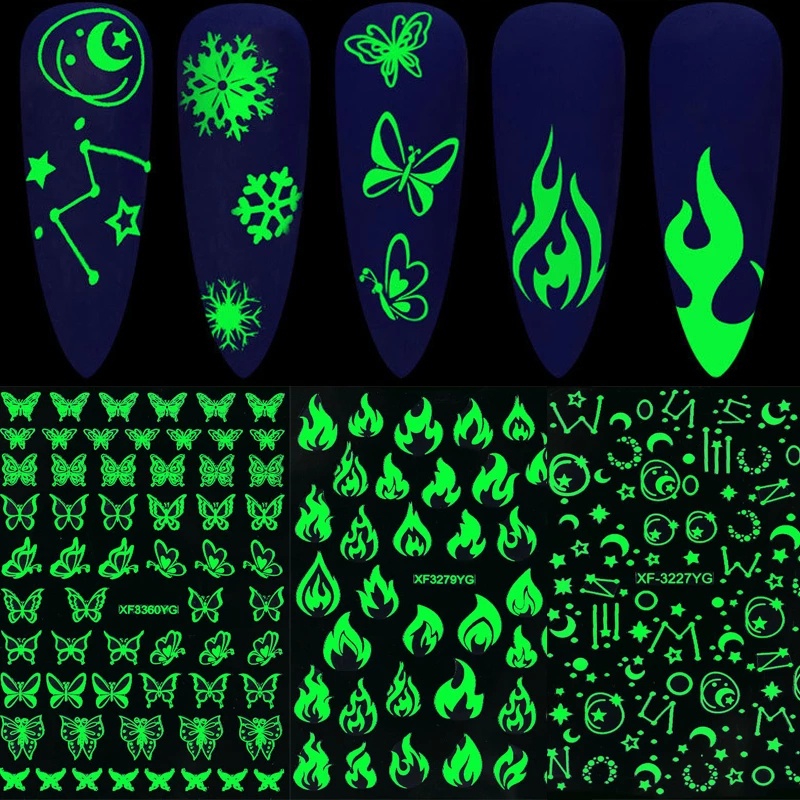 Nhãn Dán Móng Tay Họa Tiết Bướm / Mặt Trăng / Ngôi Sao / Ngọn Lửa 3D Dạ Quang Trang Trí Độc Đáo
