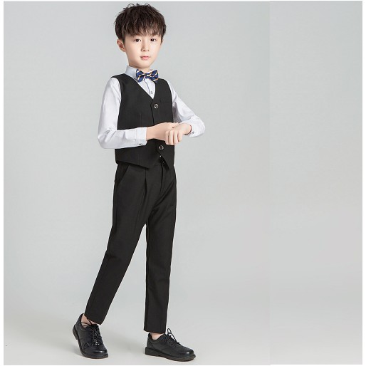 Bộ ghile bé trai đen TQB041 gồm 2 chi tiết (Áo ghile + quần tây) tặng kèm cà vạt dành cho bé từ 5 6 7 8 9 10 tuổi