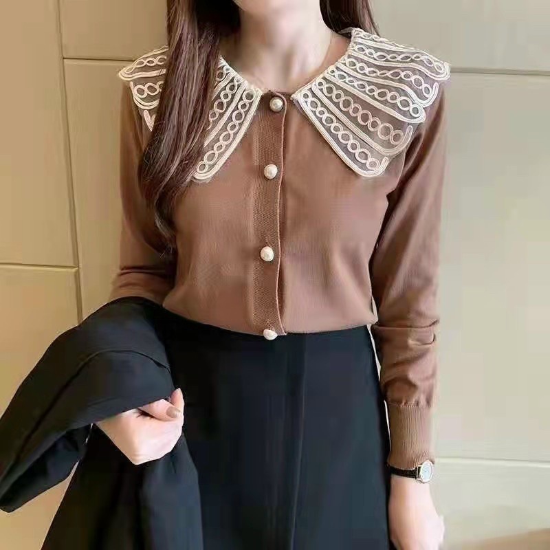 Áo Len Kiểu Nữ Cổ Tròn Ren Dài Tay Phong Cách Hàn Quốc - 4 mầu Trắng Đỏ Be Đen - Hanlly Fashion - AL3