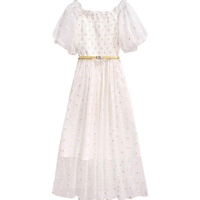 2022 new summer fashion dress women's middle and long cut waist thin white blue mesh bubble sleeve skirt